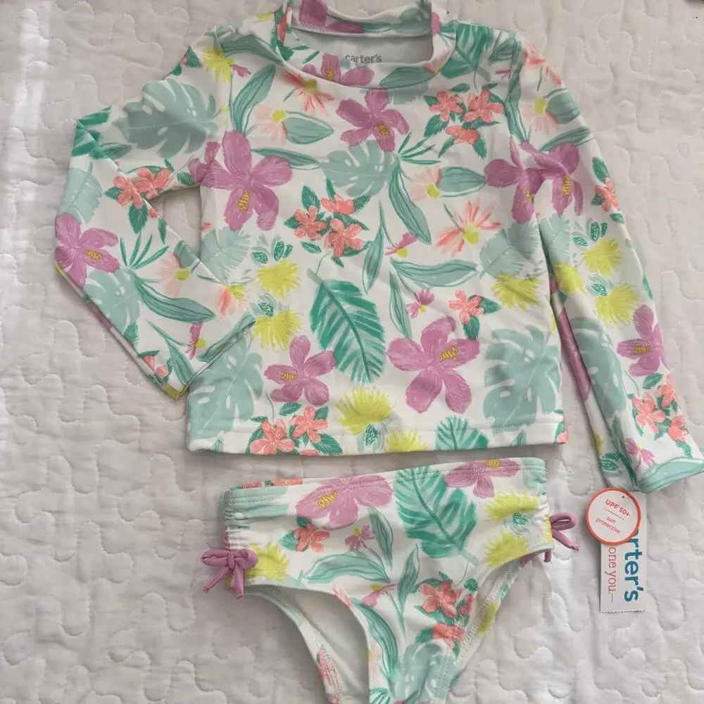 NWT Carters 2t girls floral swimsuit rashguard tankini hawaiian